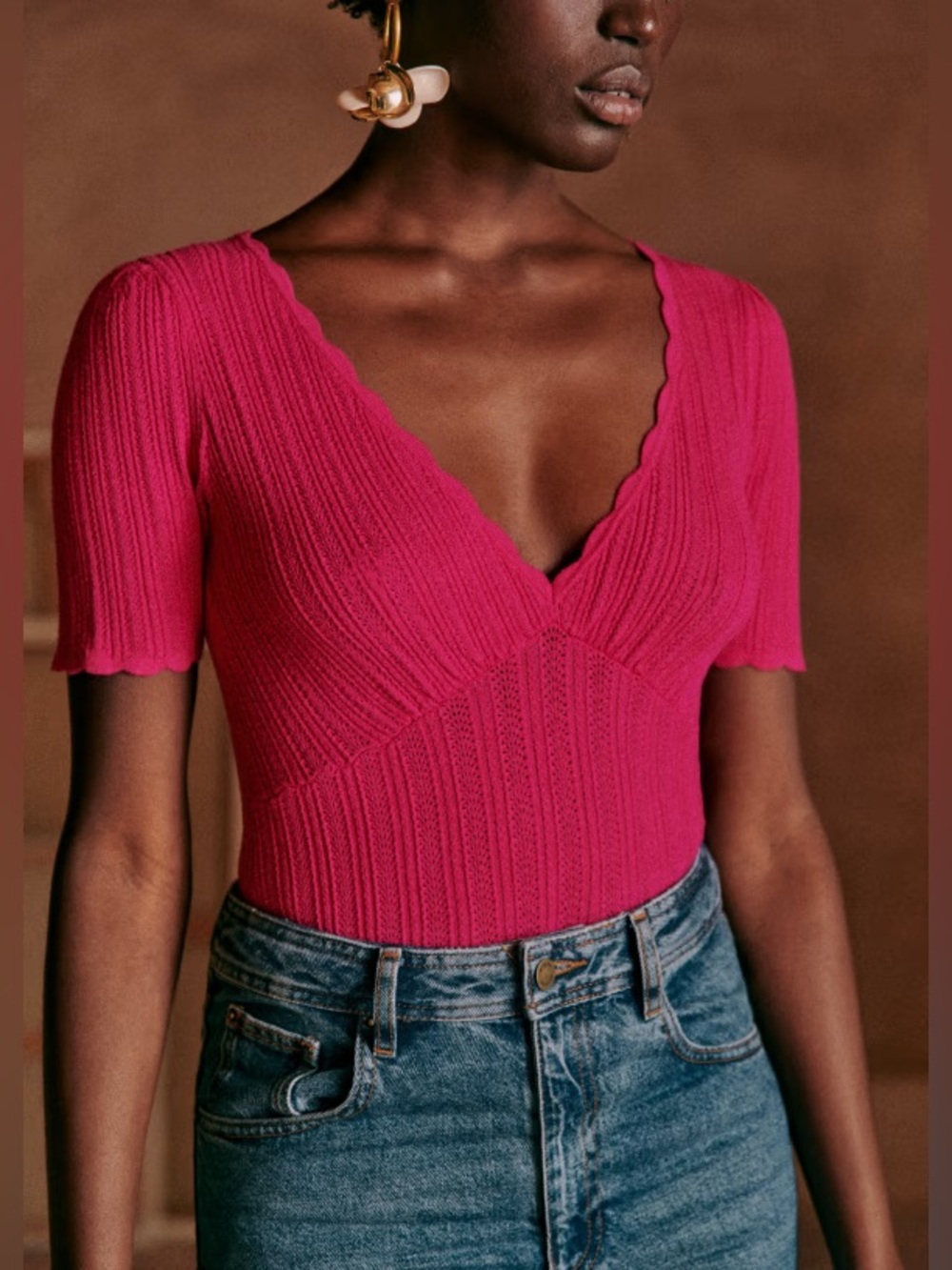 NWT Sezane Cloe Jumper Fitted Rib Knit Top in Fuchsia Pink Size S